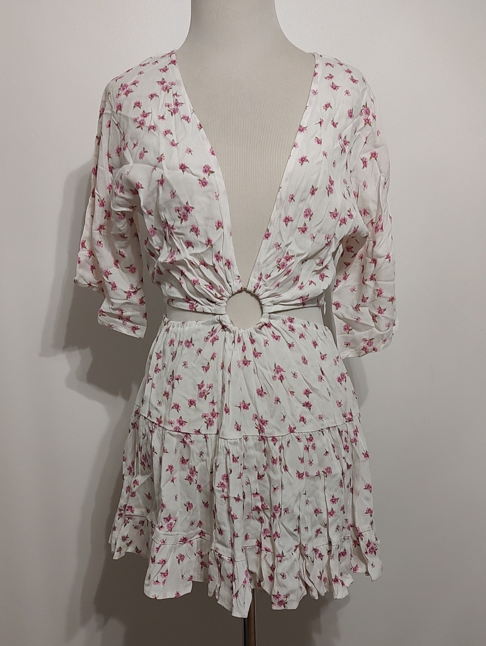 White Floral Ring-Front Mini Dress
